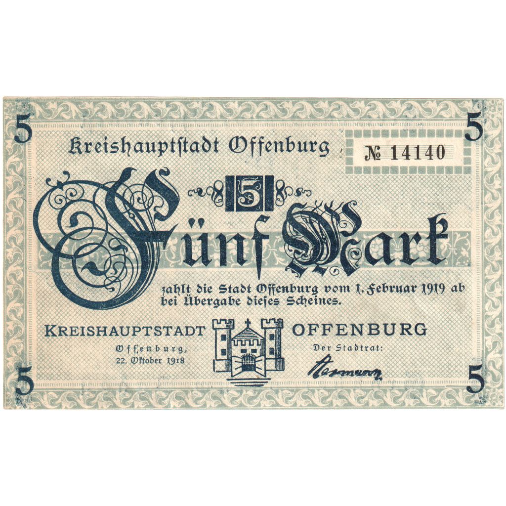 Alemania, Offenburg Stadt, 5 Mark, 1919-02-01, EBC+