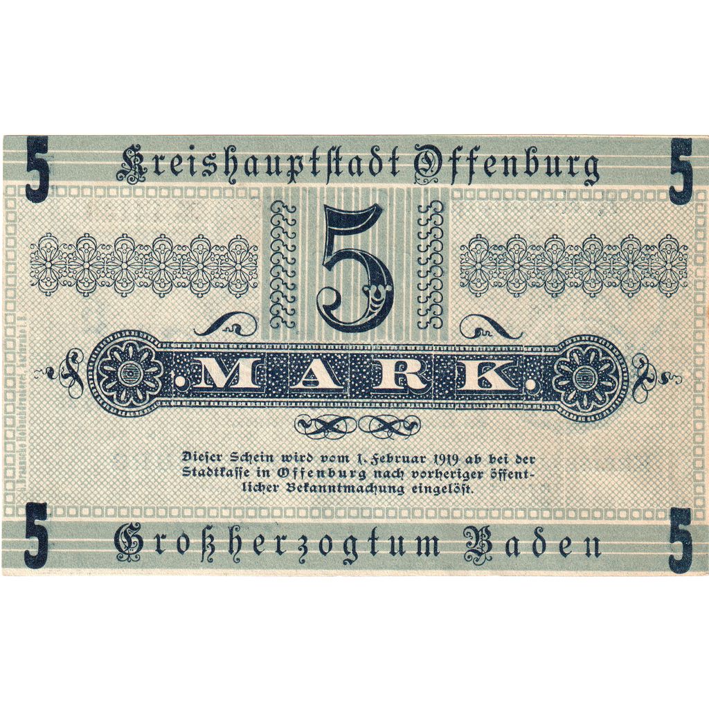 Alemania, Offenburg Stadt, 5 Mark, 1919-02-01, EBC+