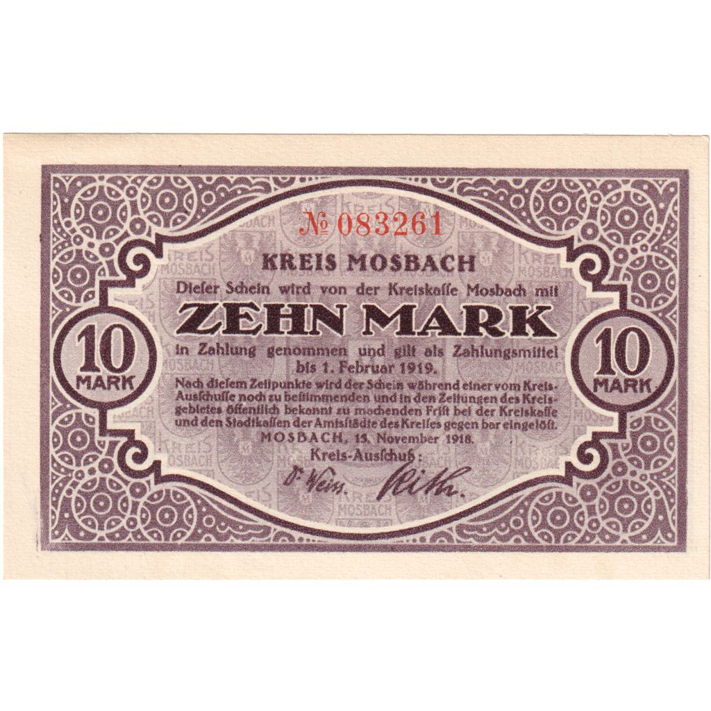 Alemania, Mosbach Kreis, 10 Mark, 1919-02-01, EBC+