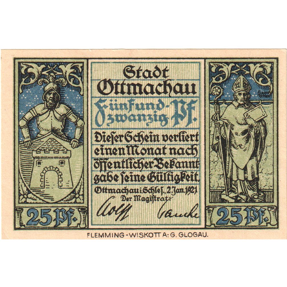 Alemania, Ottmachau Stadt, 25 Pfennig, 1921-01-02, EBC+