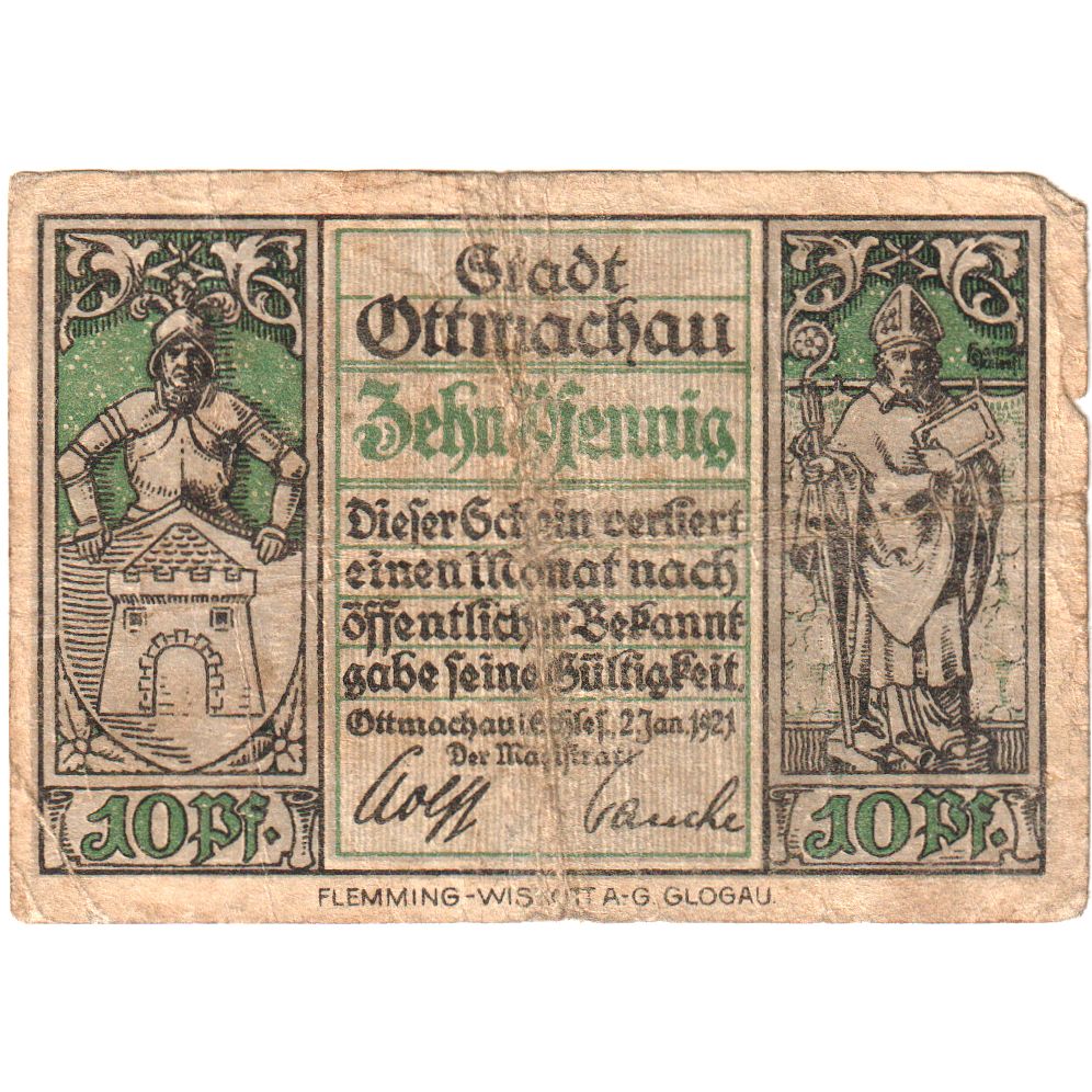 Alemania, Ottmachau Stadt, 10 Pfennig, 1921-01-02, EBC+