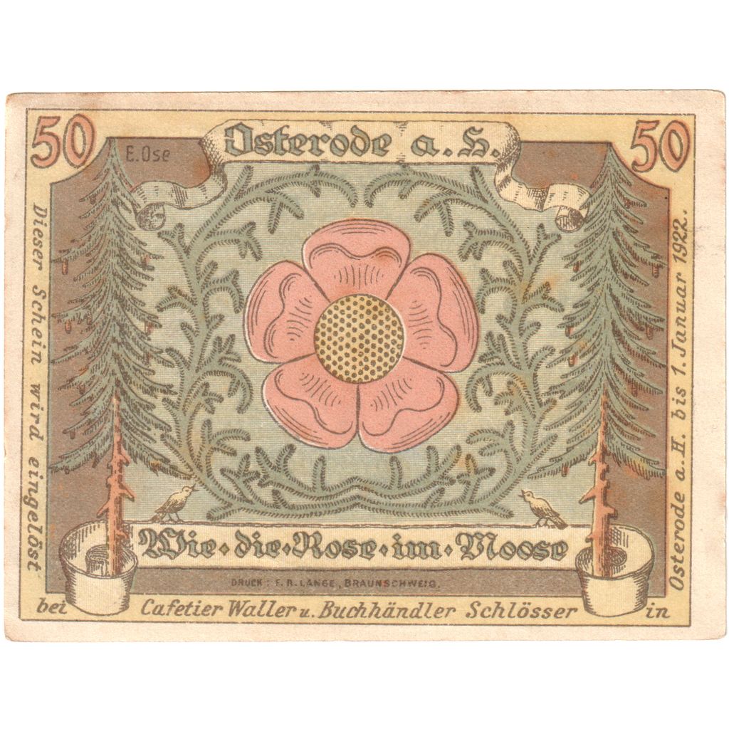 Alemania, Osterode a. Harz Cafétier Waller und Buchhändler, 50 Pfennig