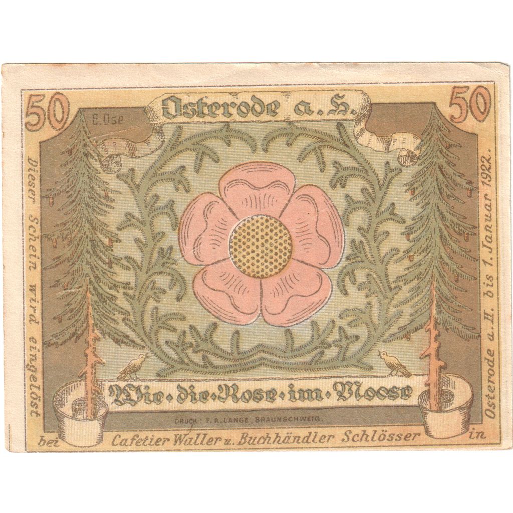 Alemania, Osterode a. Harz Cafétier Waller und Buchhändler, 50 Pfennig