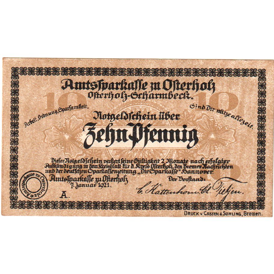 Alemania, Osterholz Amtssparkasse, 10 Pfennig, 1921-01-07, EBC