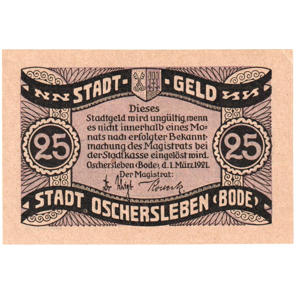Alemania, Oschersleben a.Bode Stadt, 25 Pfennig, 1921-03-01, EBC+