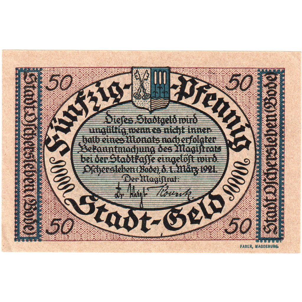 Alemania, Oschersleben a.Bode Stadt, 50 Pfennig, 1921-03-01, EBC+