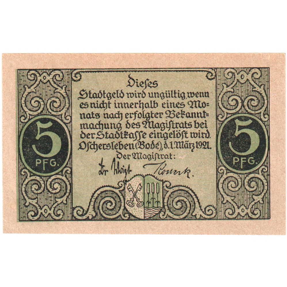 Alemania, Oschersleben a.Bode Stadt, 5 Pfennig, 1921-03-01, EBC+