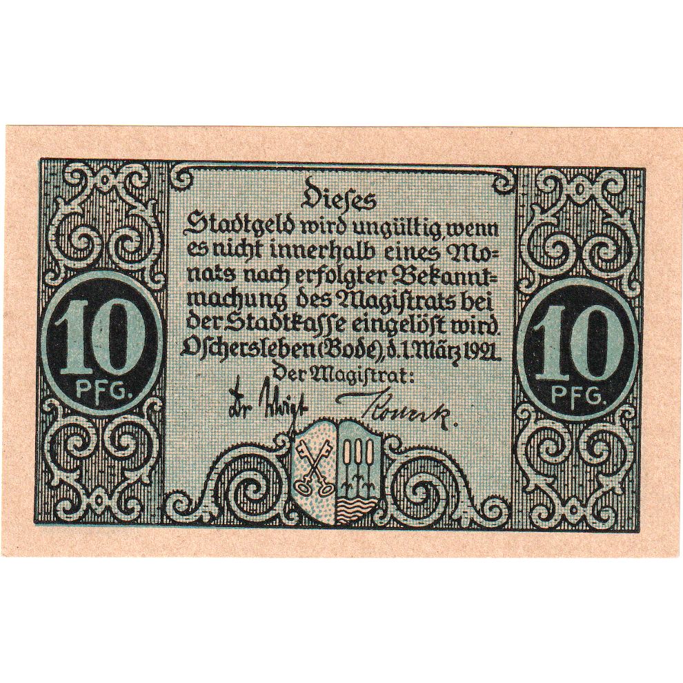 Alemania, Oschersleben a.Bode Stadt, 10 Pfennig, 1921-03-01, EBC+