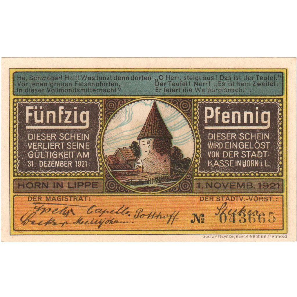 Deutschland, Horn Stadt, 50 Pfennig, 1921-12-31, VZ+