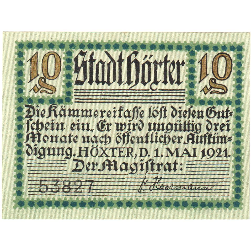 Niemcy, Hoxter Stadt, 10 Pfennig, 1921-05-01, UNC(60-62)