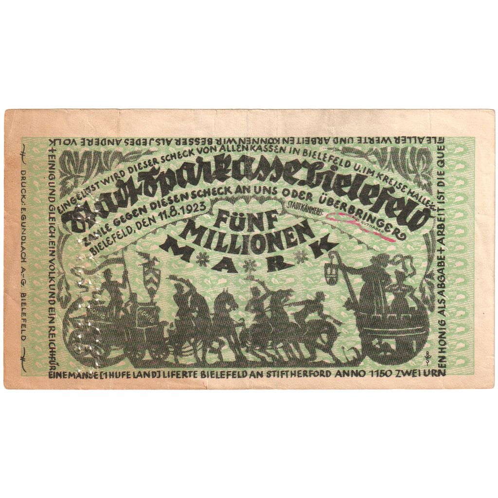 Alemania, Bielefeld Stadt, 5 Millionen Mark, 1923-08-11, EBC+