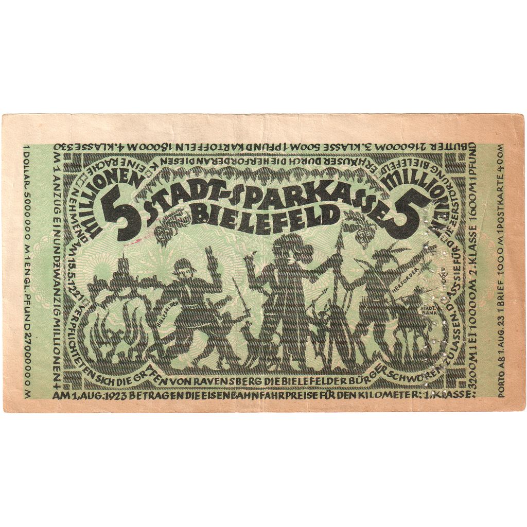 Alemania, Bielefeld Stadt, 5 Millionen Mark, 1923-08-11, EBC+