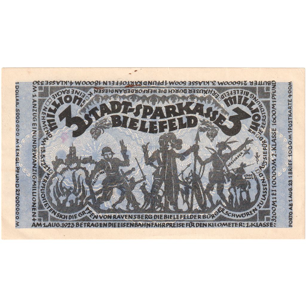 Alemania, Bielefeld Stadt, 3 Millionen Mark, 1923-08-11, EBC+