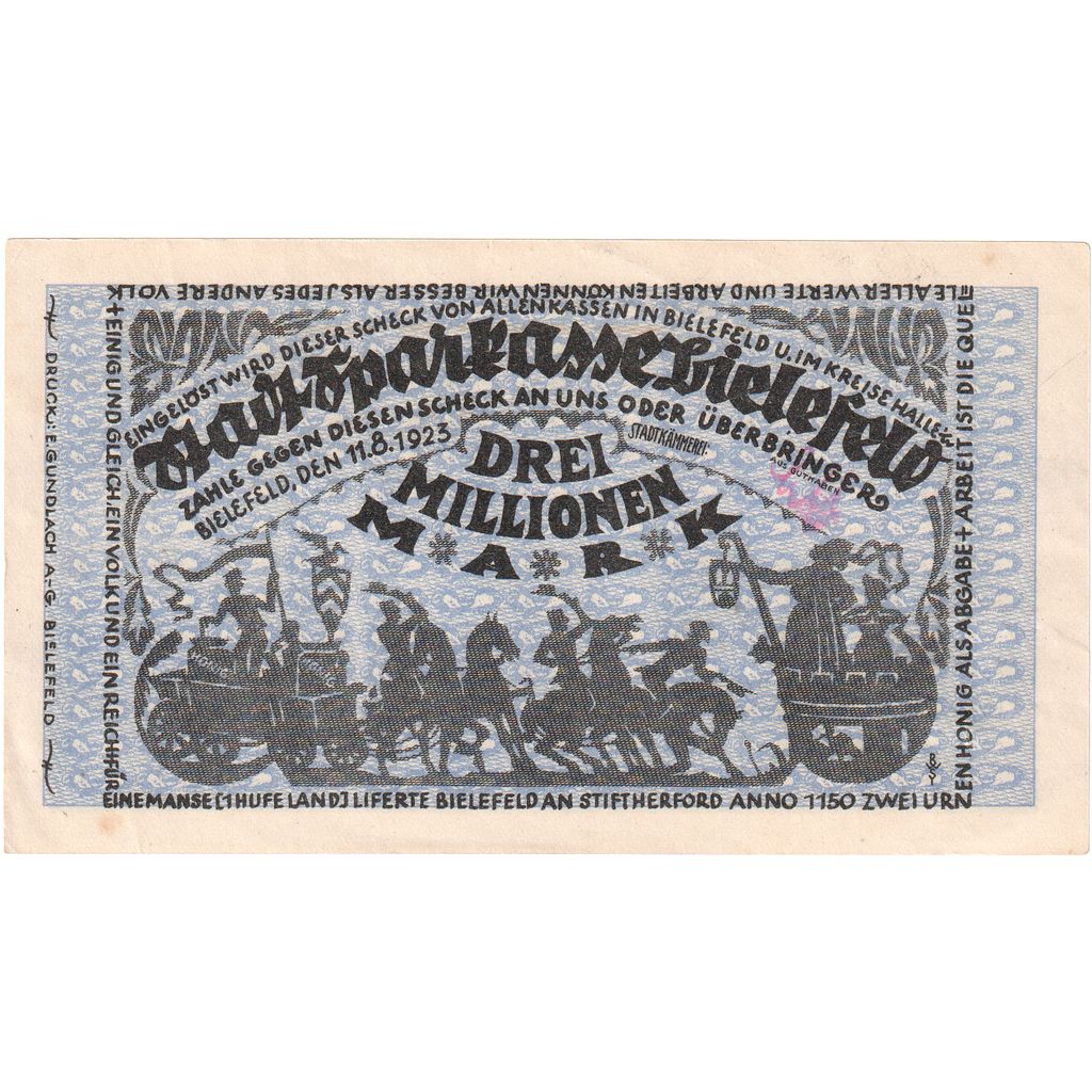 Alemania, Bielefeld Stadt, 3 Millionen Mark, 1923-08-11, EBC+