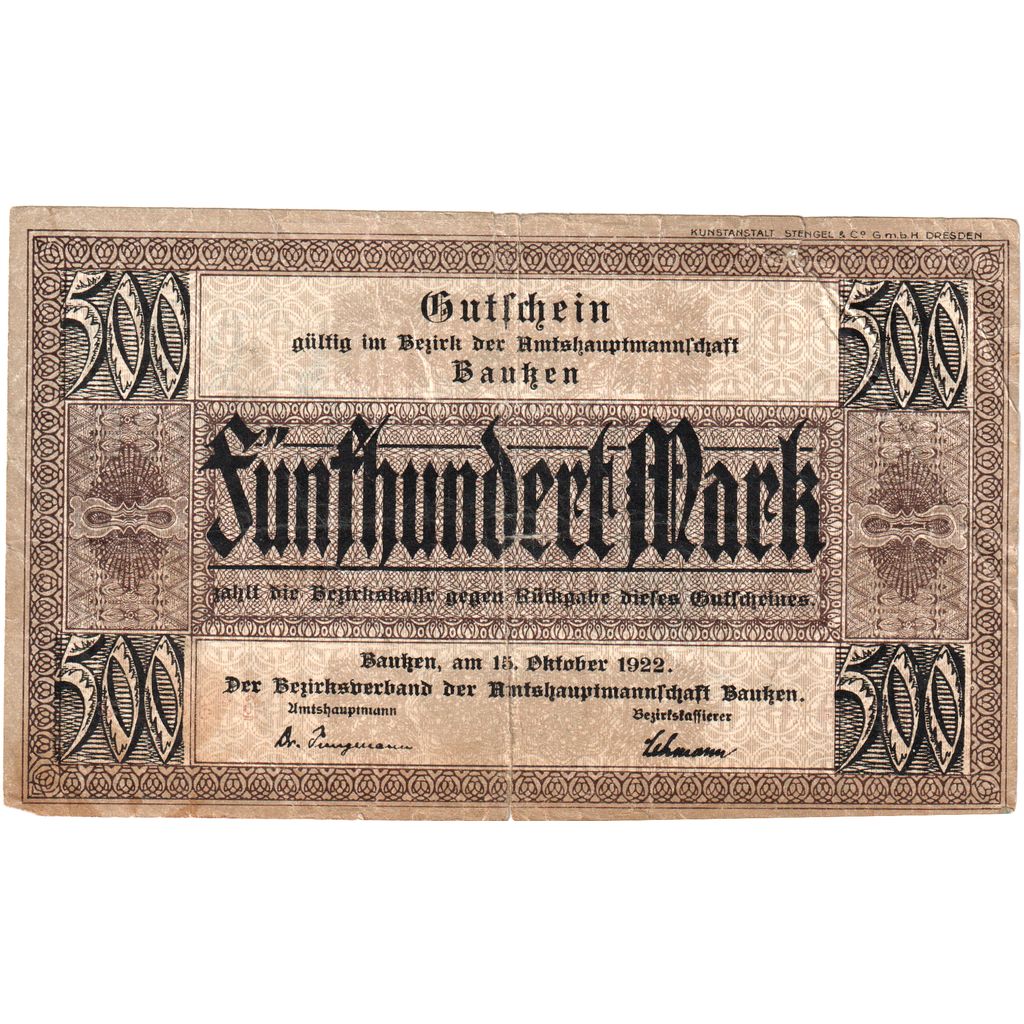 Alemania, Bautzen Bezirksverband Amtshauptmannschaft, 500 Mark, 1922-10-15, EBC