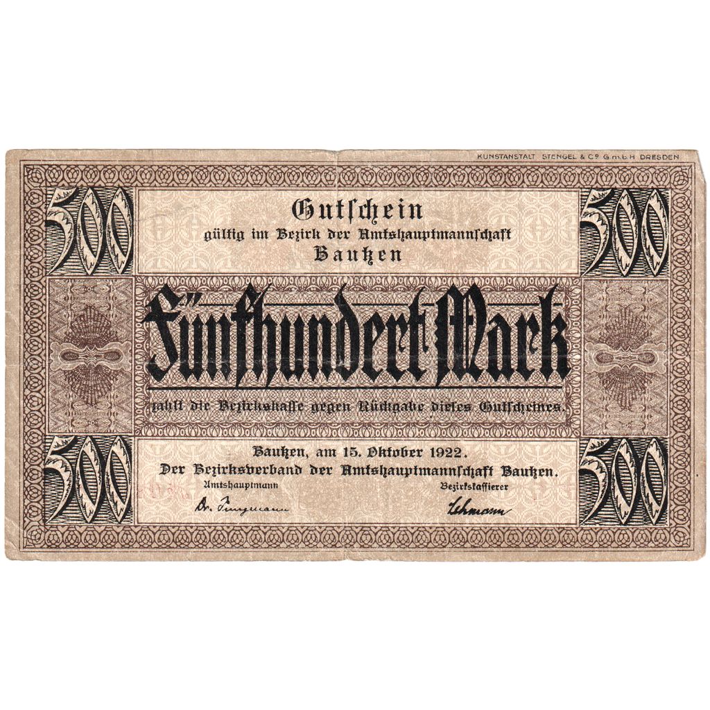Alemania, Bautzen Bezirksverband Amtshauptmannschaft, 500 Mark, 1922-10-15, EBC