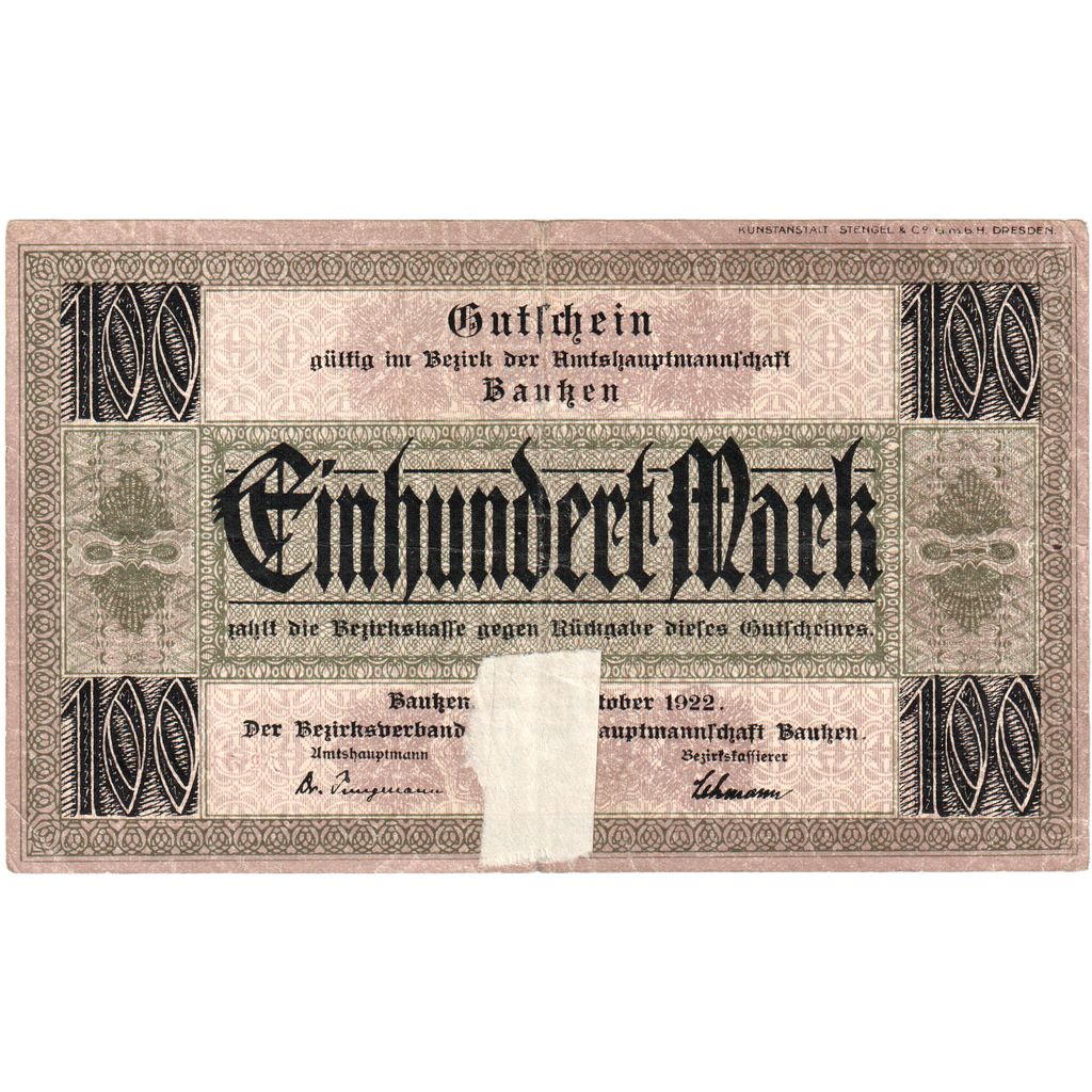 Alemania, Bautzen Bezirksverband Amtshauptmannschaft, 100 Mark, 1922-10-15, EBC