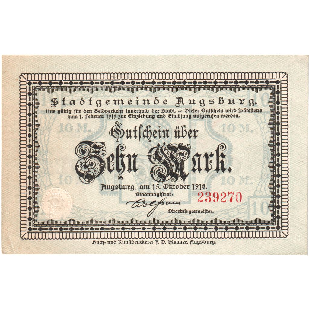 Alemania, Augsburg Stadt, 10 Mark, 1919-02-01, EBC+