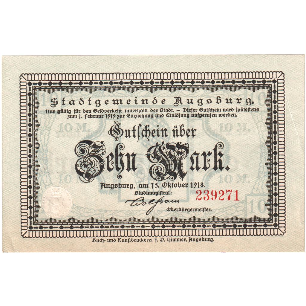 Alemania, Augsburg Stadt, 10 Mark, 1919-02-01, EBC+