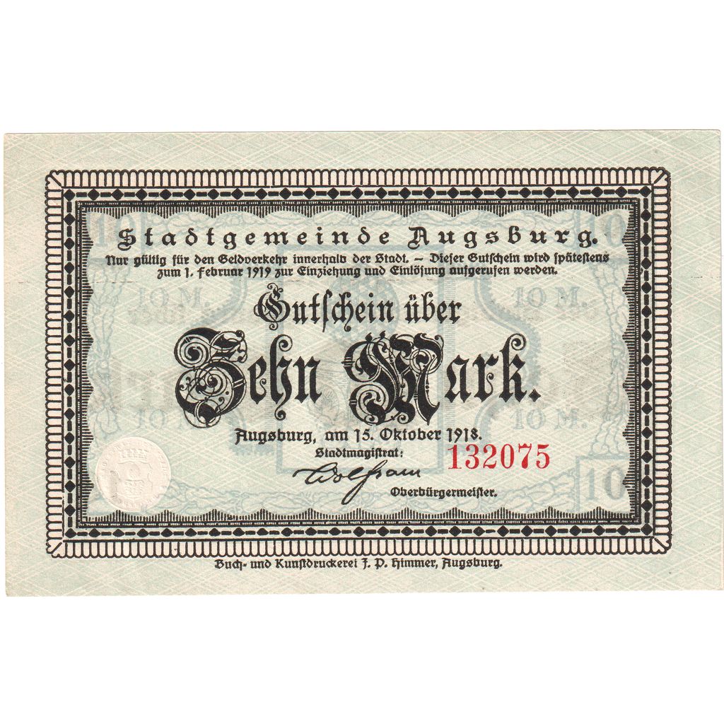 Alemania, Augsburg Stadt, 10 Mark, 1919-02-01, EBC+