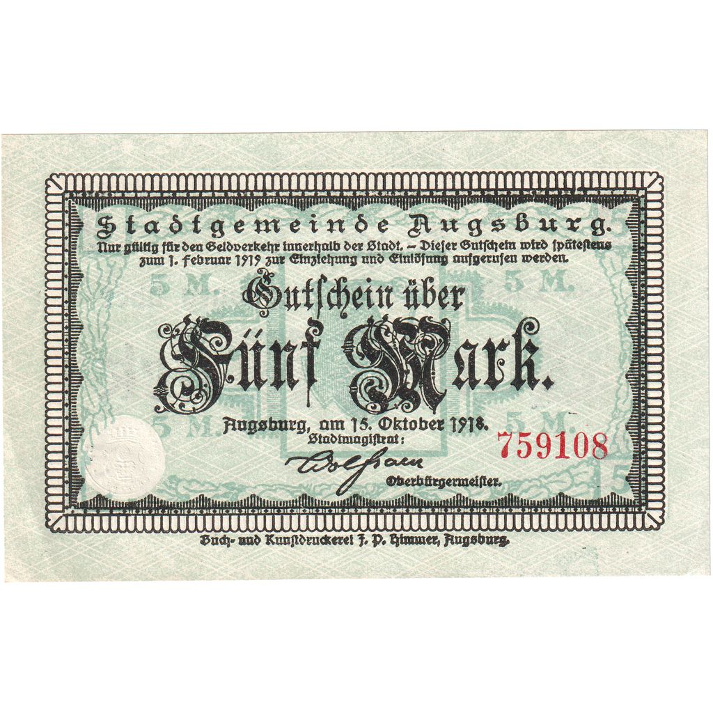 Alemania, Augsburg Stadt, 5 Mark, 1919-02-01, EBC+