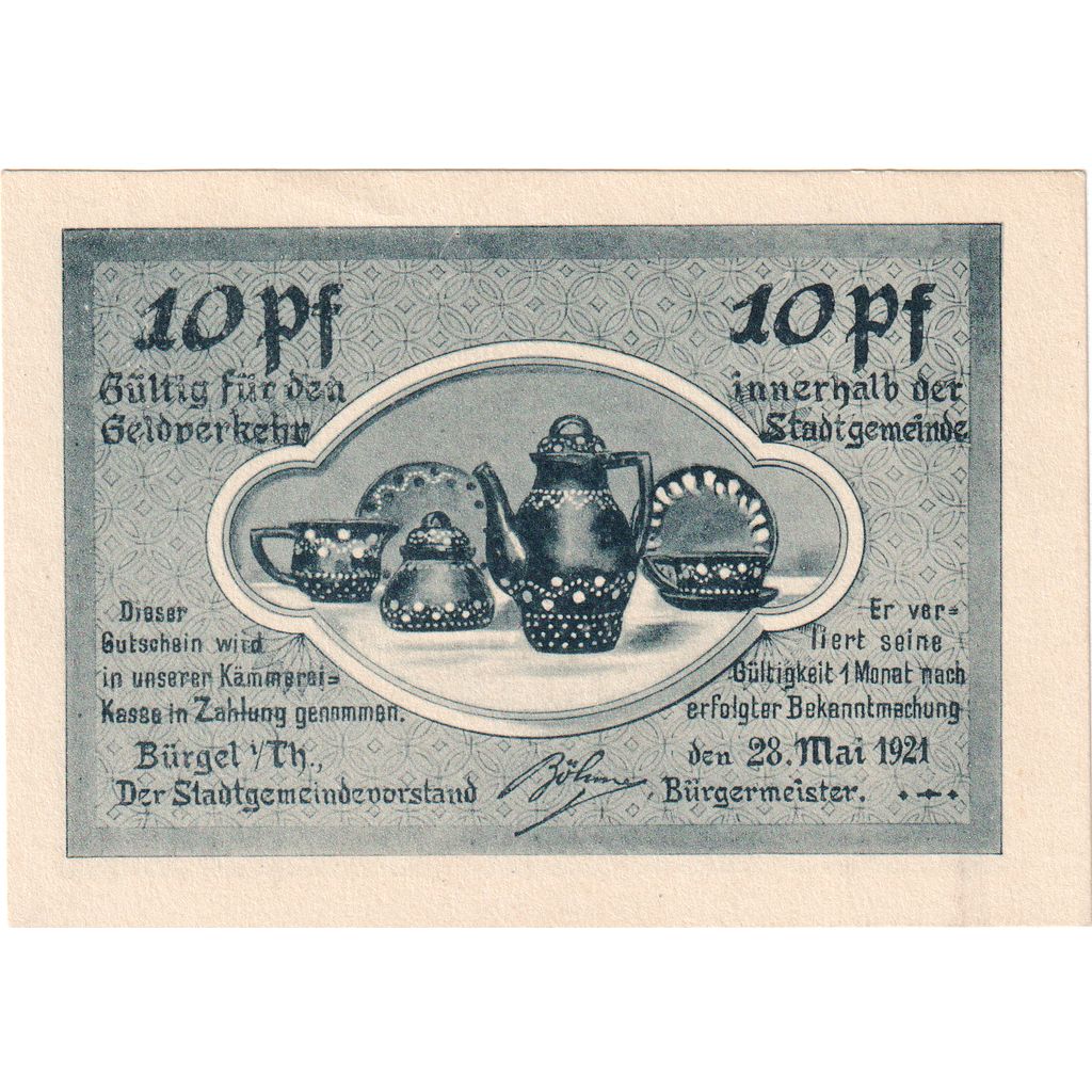 Alemania, Burgel Stadt, 10 Pfennig, 1921-05-28, EBC+