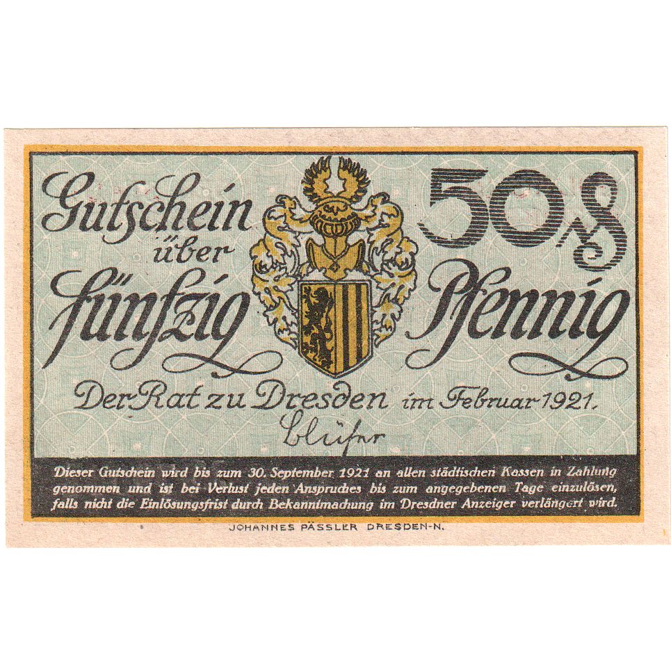Niemcy, Dresden Stadt, 50 Pfennig, 1921-09-30, UNC(60-62)