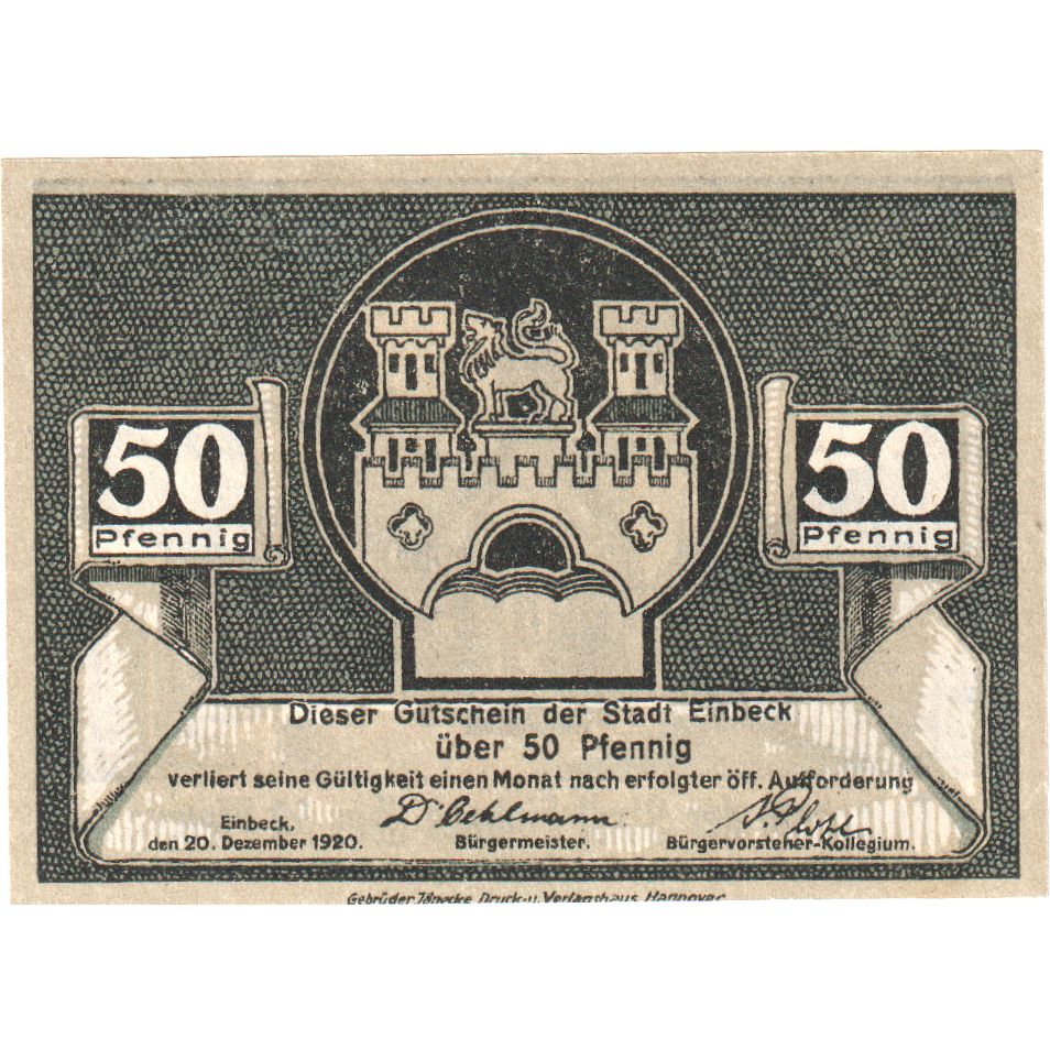 Deutschland, Einbeck Stadt, 50 Pfennig, 1920-12-20, VZ+