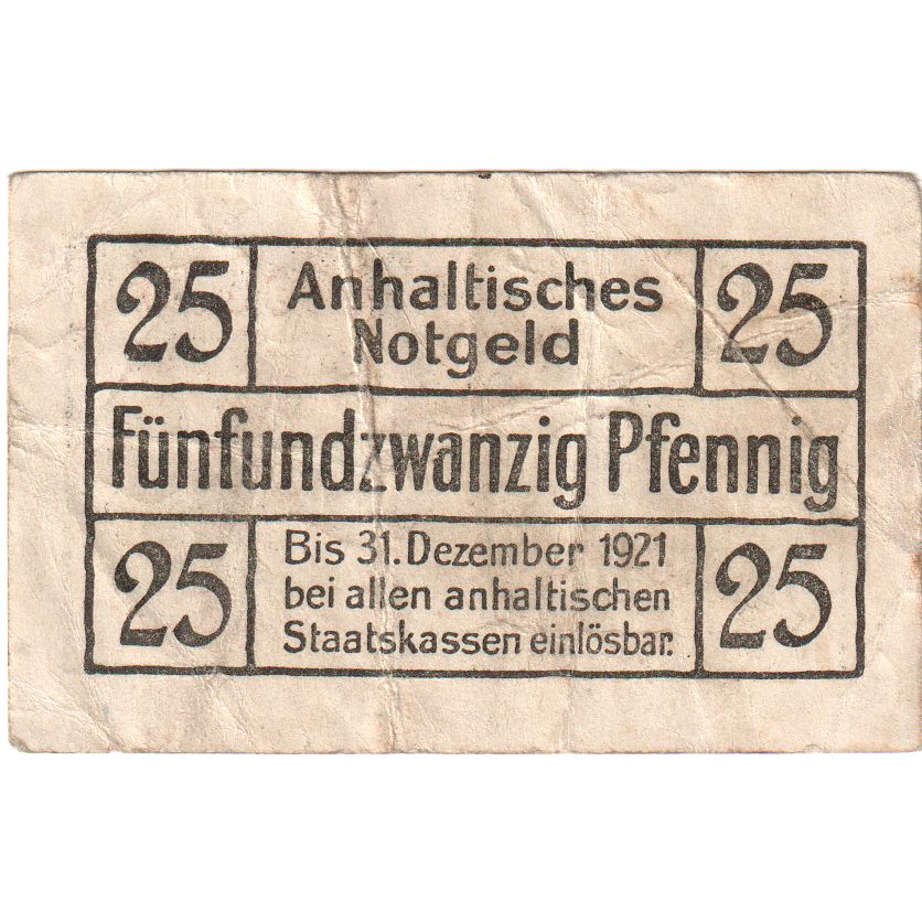 Alemania, Anhalt Herzogliche bzw Anhaltische Finanzdirektion Dessau, 25 Pfennig