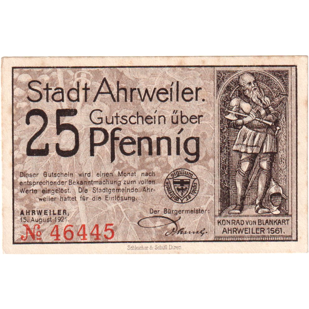 Alemania, Ahrweiler Stadt, 25 Pfennig, 1921-08-15, EBC+