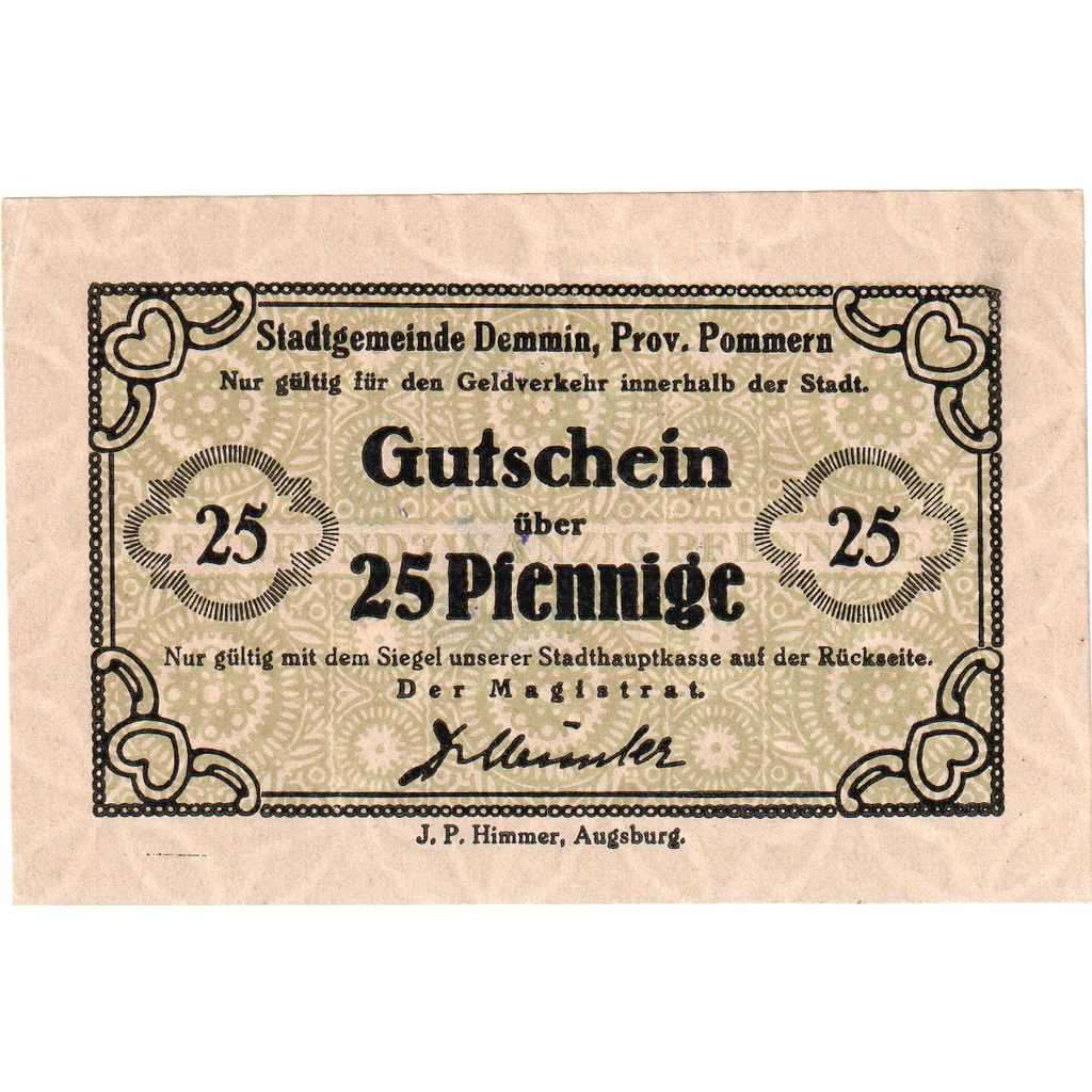 Alemania, Demmin Stadt, 25 Pfennig, EBC+