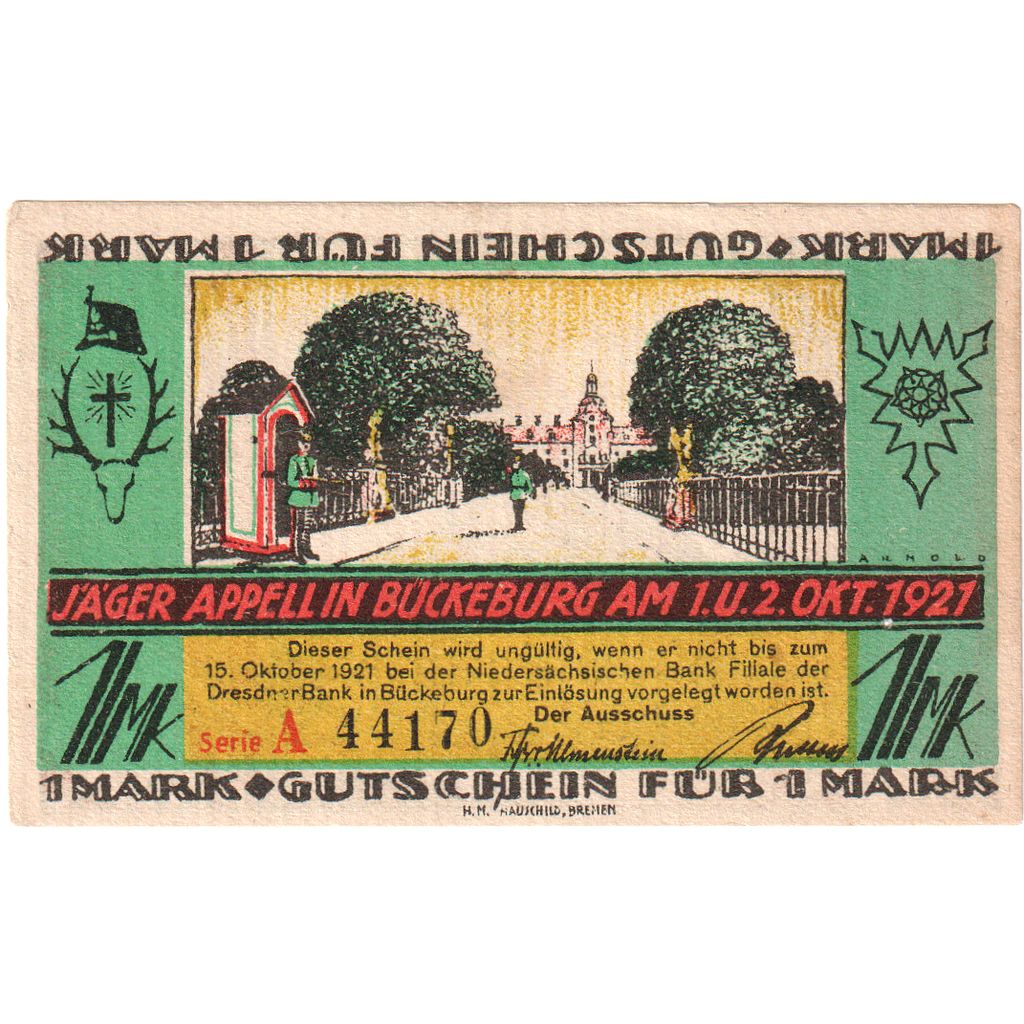 Alemania, Buckeburg, 1 Mark, 1921-10-02, A 39189, SC