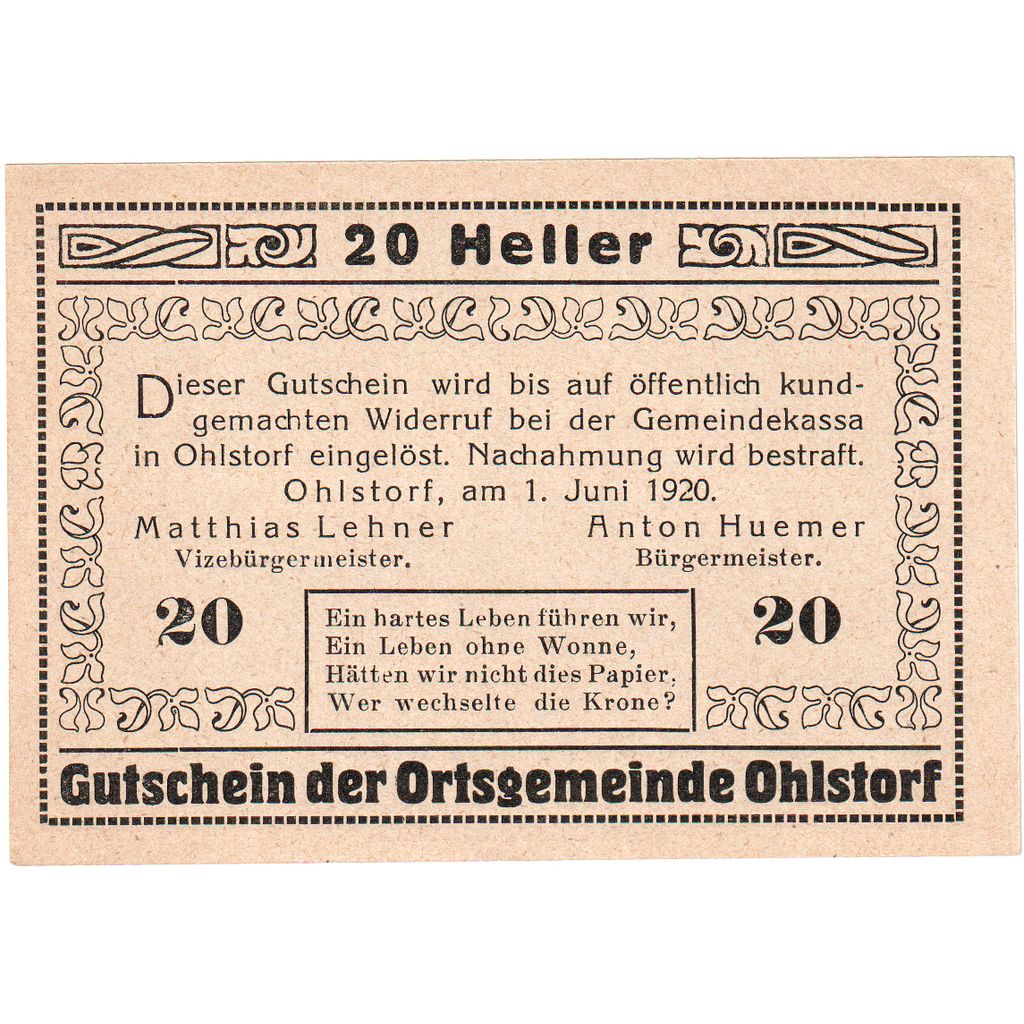 Austria, Ohlstorf O.Ö. Ortsgemeinde, 20 Heller, 1920-06-01, UNC(63)