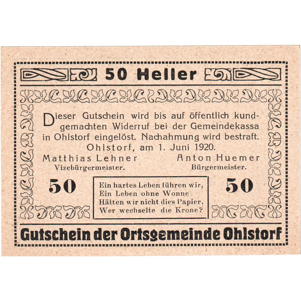 Oostenrijk, Ohlstorf O.Ö. Ortsgemeinde, 50 Heller, 1920-06-01, SPL