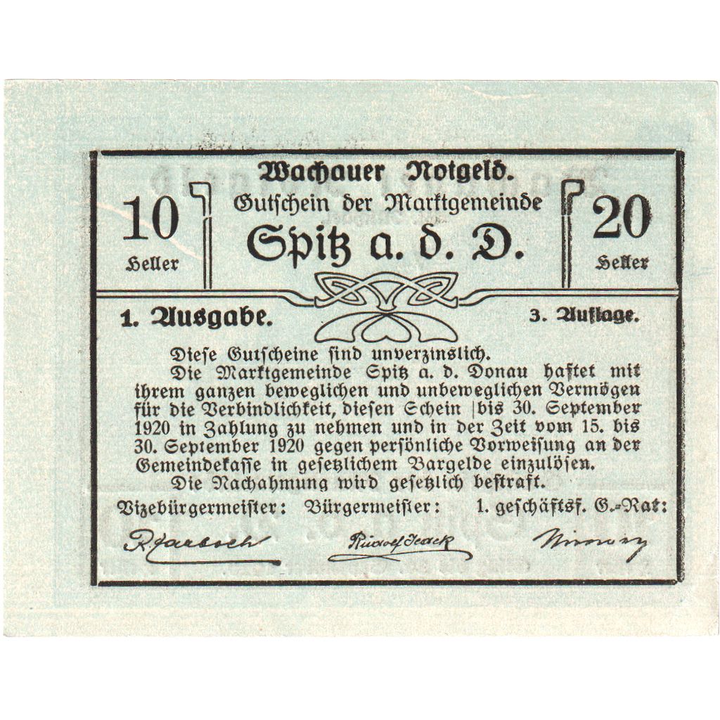 Austria, Wachauer Notgeld - Spitz - Kirche N.Ö. Gemeinde, 10 Heller