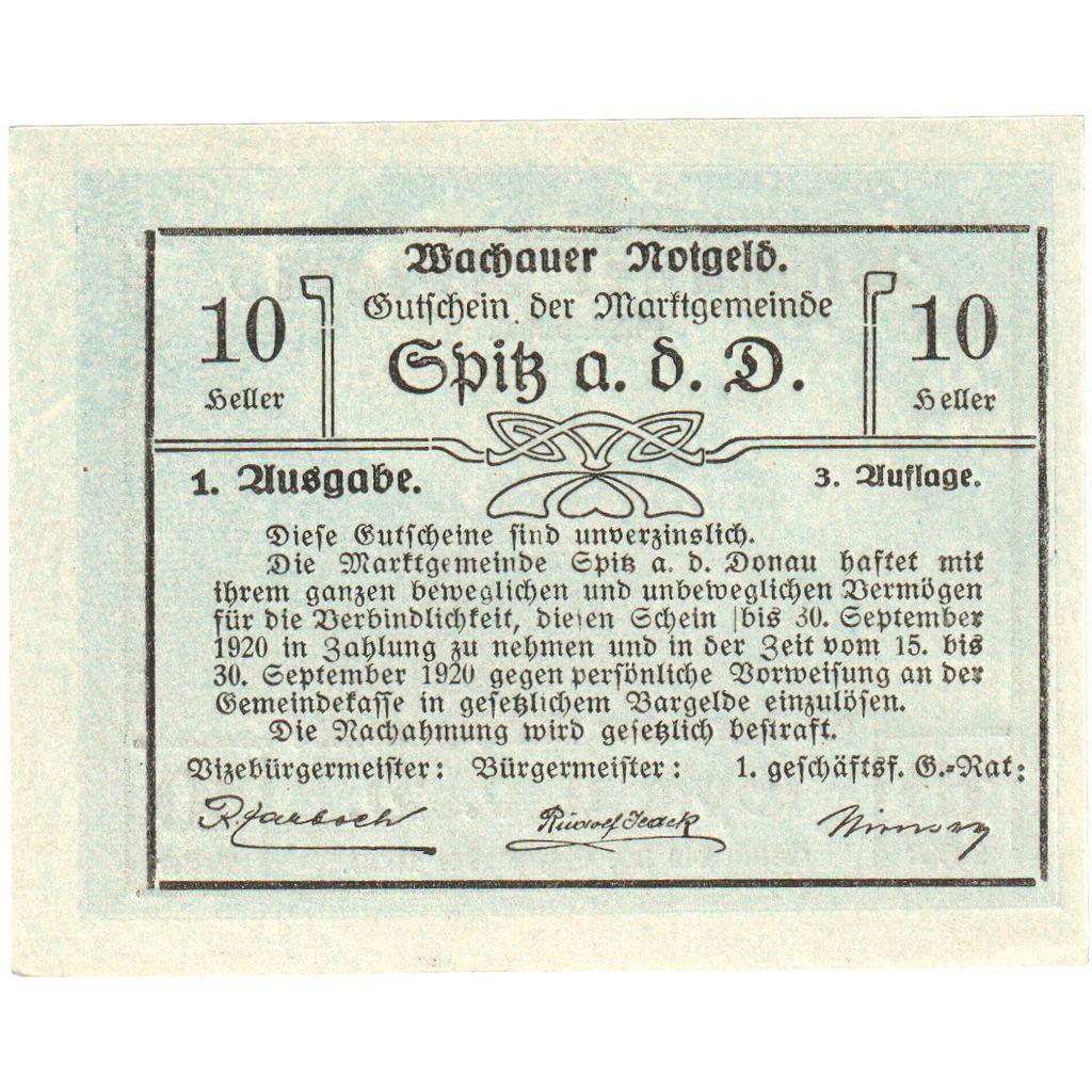 Austria, Wachauer Notgeld - Spitz - Kirche N.Ö. Gemeinde, 10 Heller
