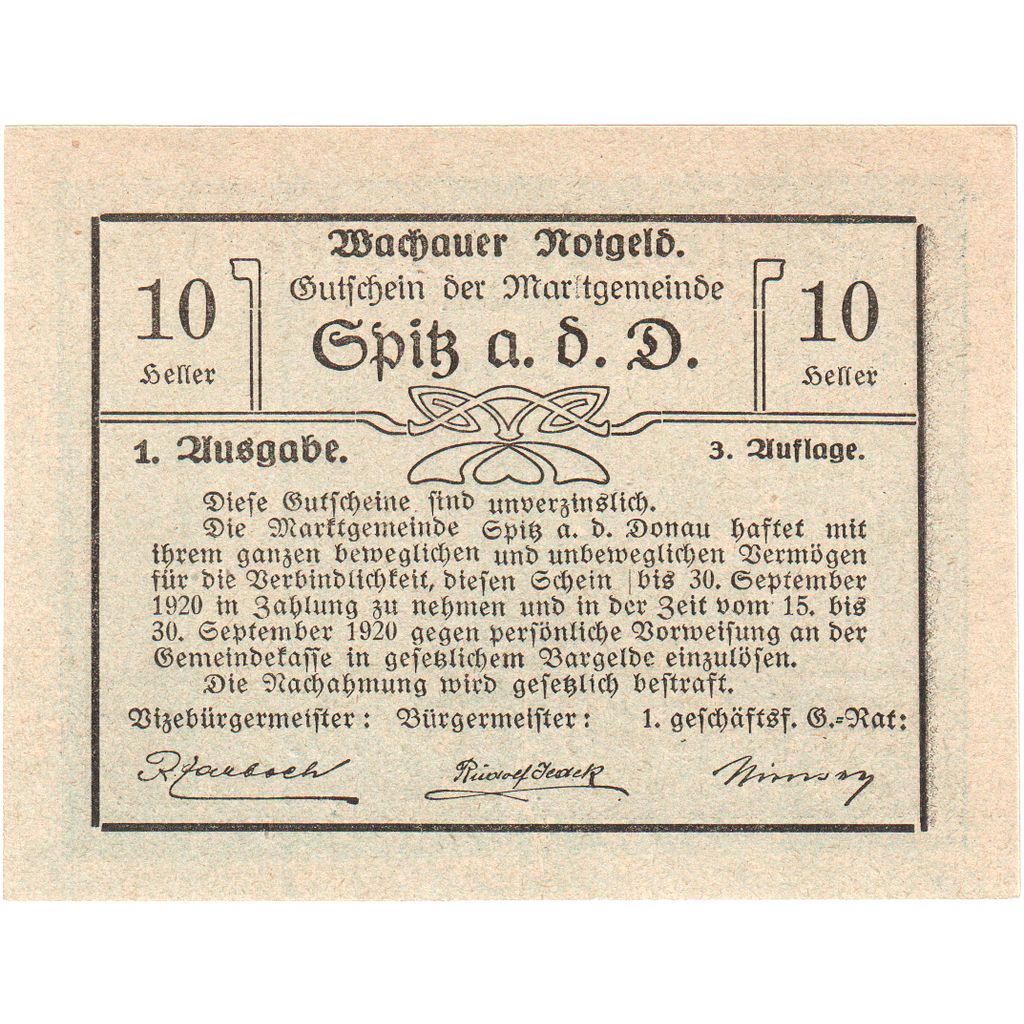 Austria, Wachauer Notgeld - Spitz - Kirche N.Ö. Gemeinde, 10 Heller