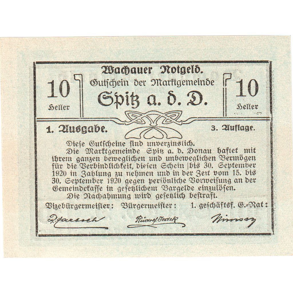 Austria, Wachauer Notgeld - Spitz - Kirche N.Ö. Gemeinde, 10 Heller