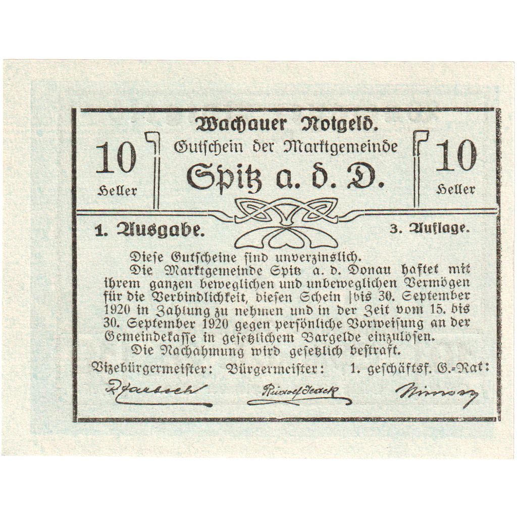 Austria, Wachauer Notgeld - Spitz - Kirche N.Ö. Gemeinde, 10 Heller