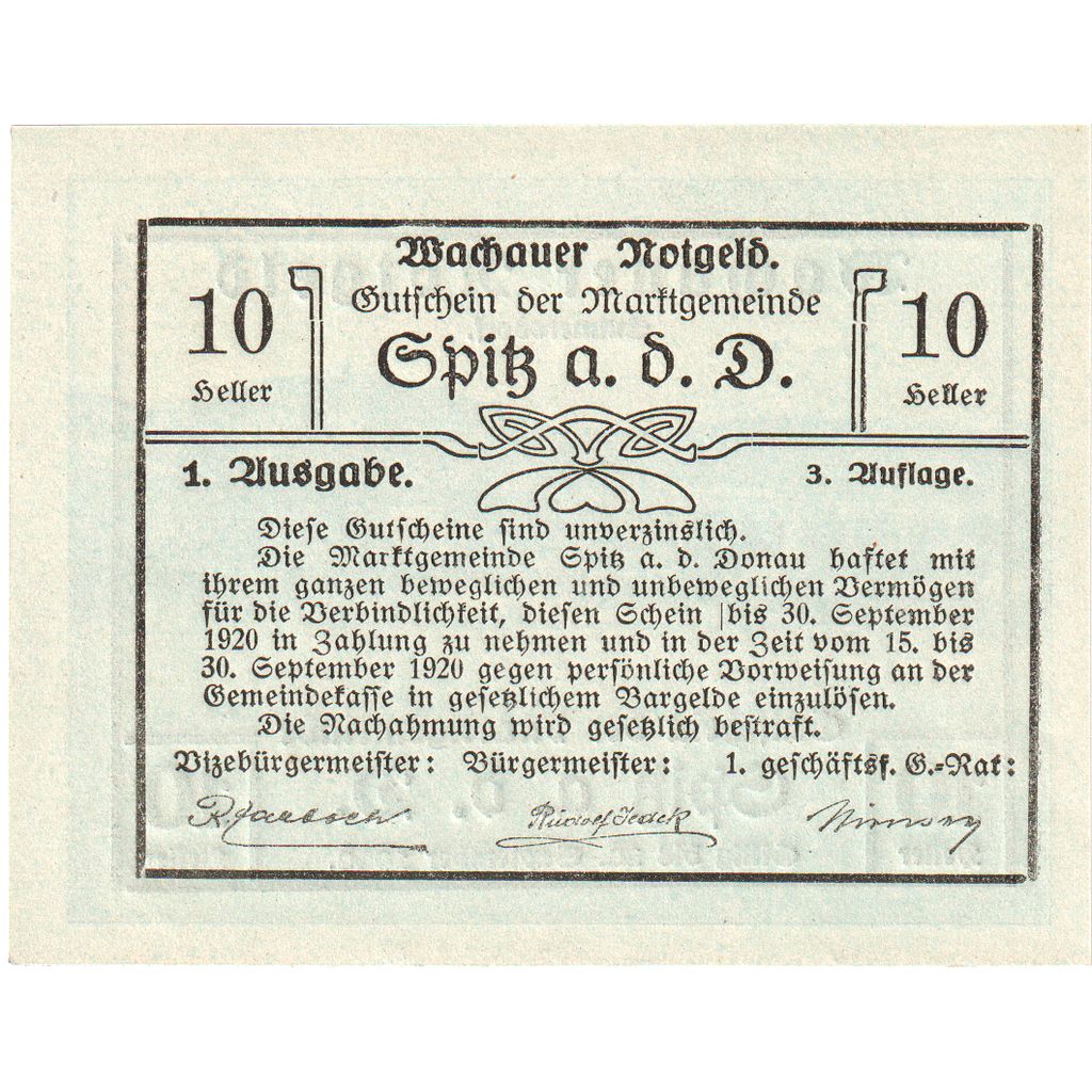 Austria, Wachauer Notgeld - Spitz - Kirche N.Ö. Gemeinde, 10 Heller