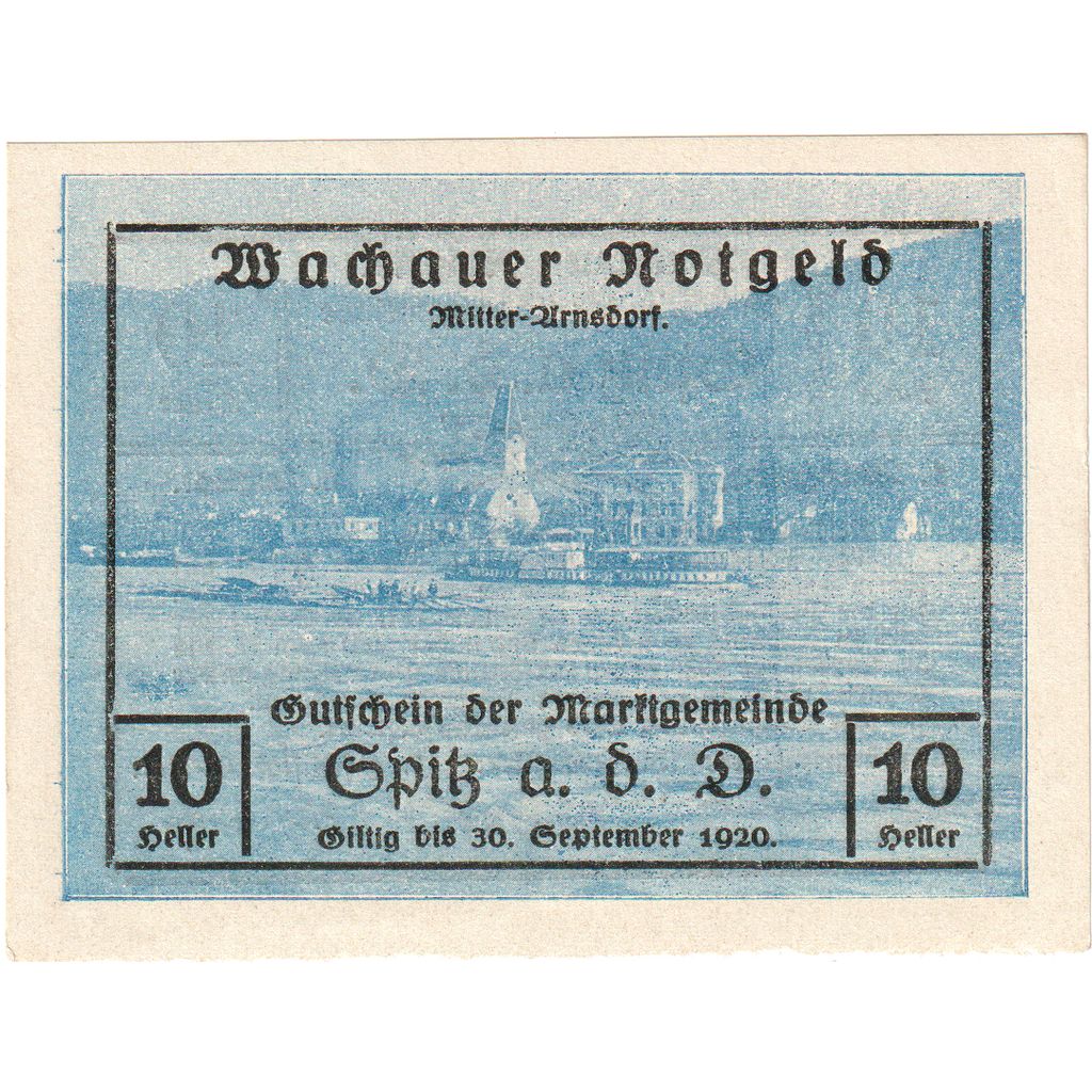 Austria, Wachauer Notgeld - Spitz - Kirche N.Ö. Gemeinde, 10 Heller