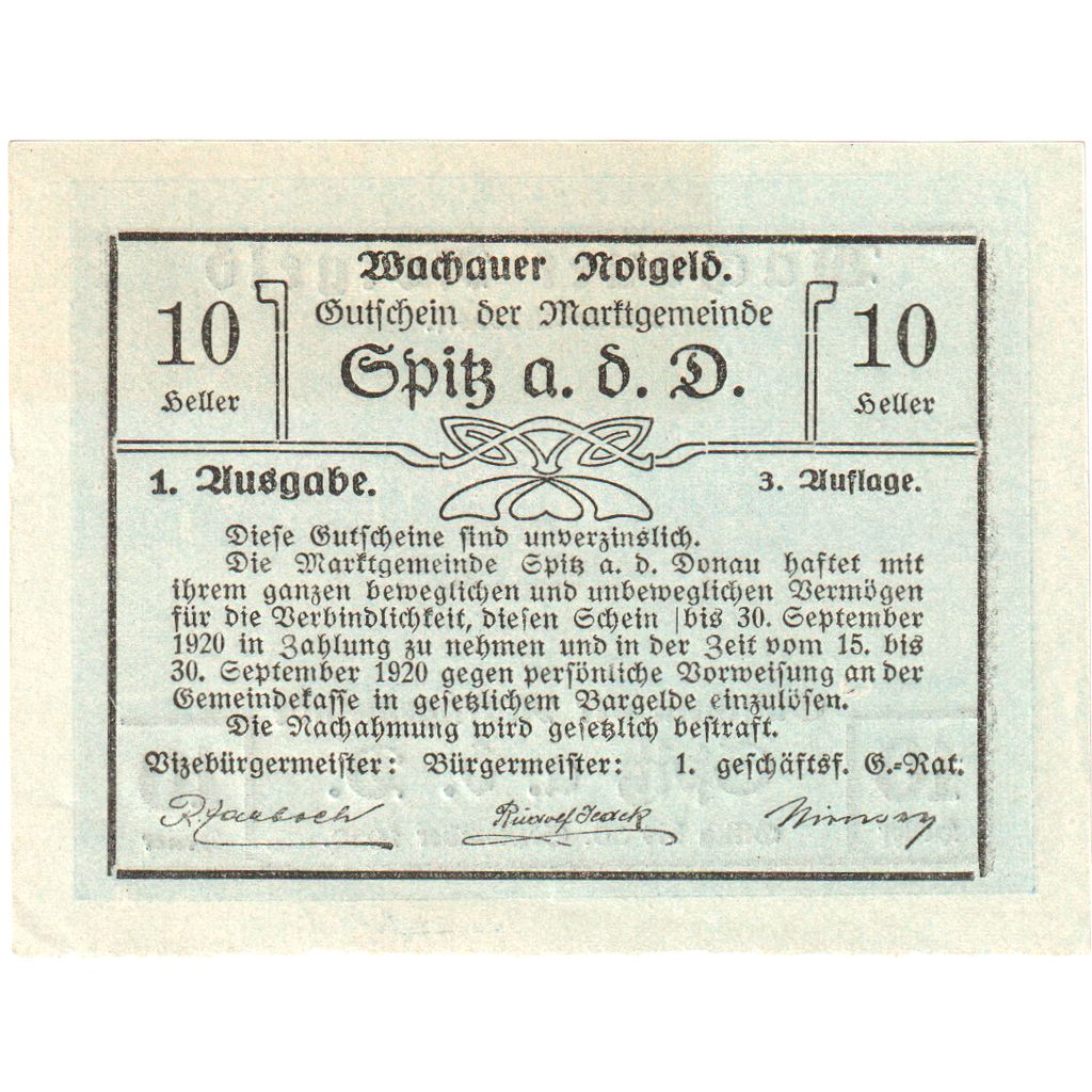 Austria, Wachauer Notgeld - Spitz - Kirche N.Ö. Gemeinde, 10 Heller