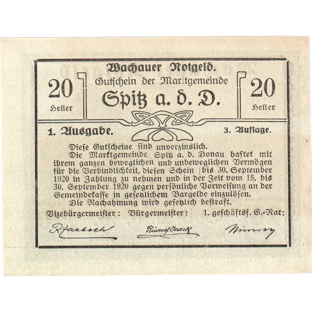 Austria, Wachauer Notgeld - Spitz - Kirche N.Ö. Gemeinde, 20 Heller