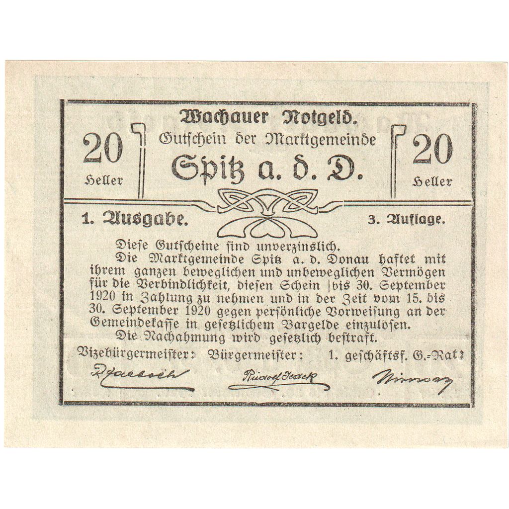 Österreich, Wachauer Notgeld - Spitz - Kirche N.Ö. Gemeinde, 20 Heller