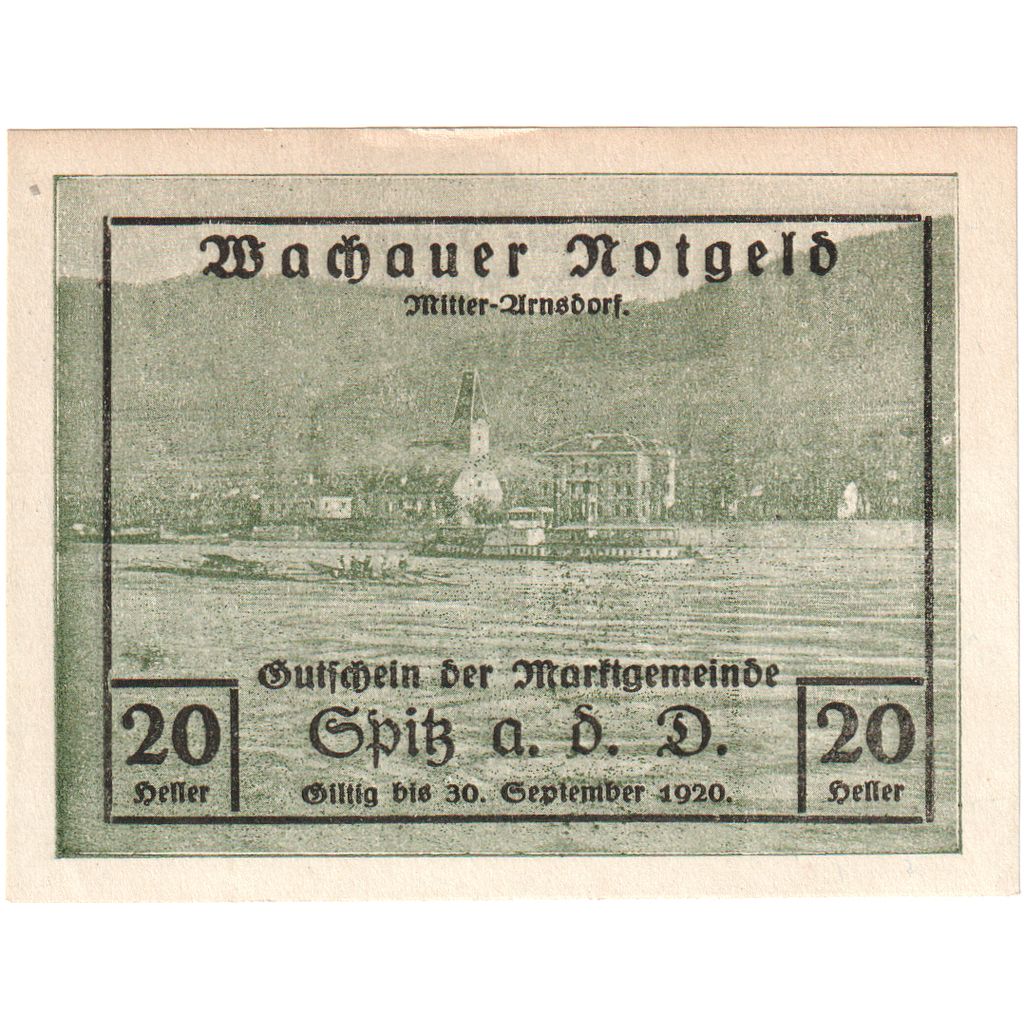 Austria, Wachauer Notgeld - Spitz - Kirche N.Ö. Gemeinde, 20 Heller