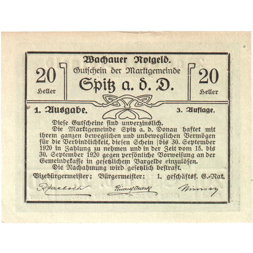 Austria, Wachauer Notgeld - Spitz - Kirche N.Ö. Gemeinde, 20 Heller