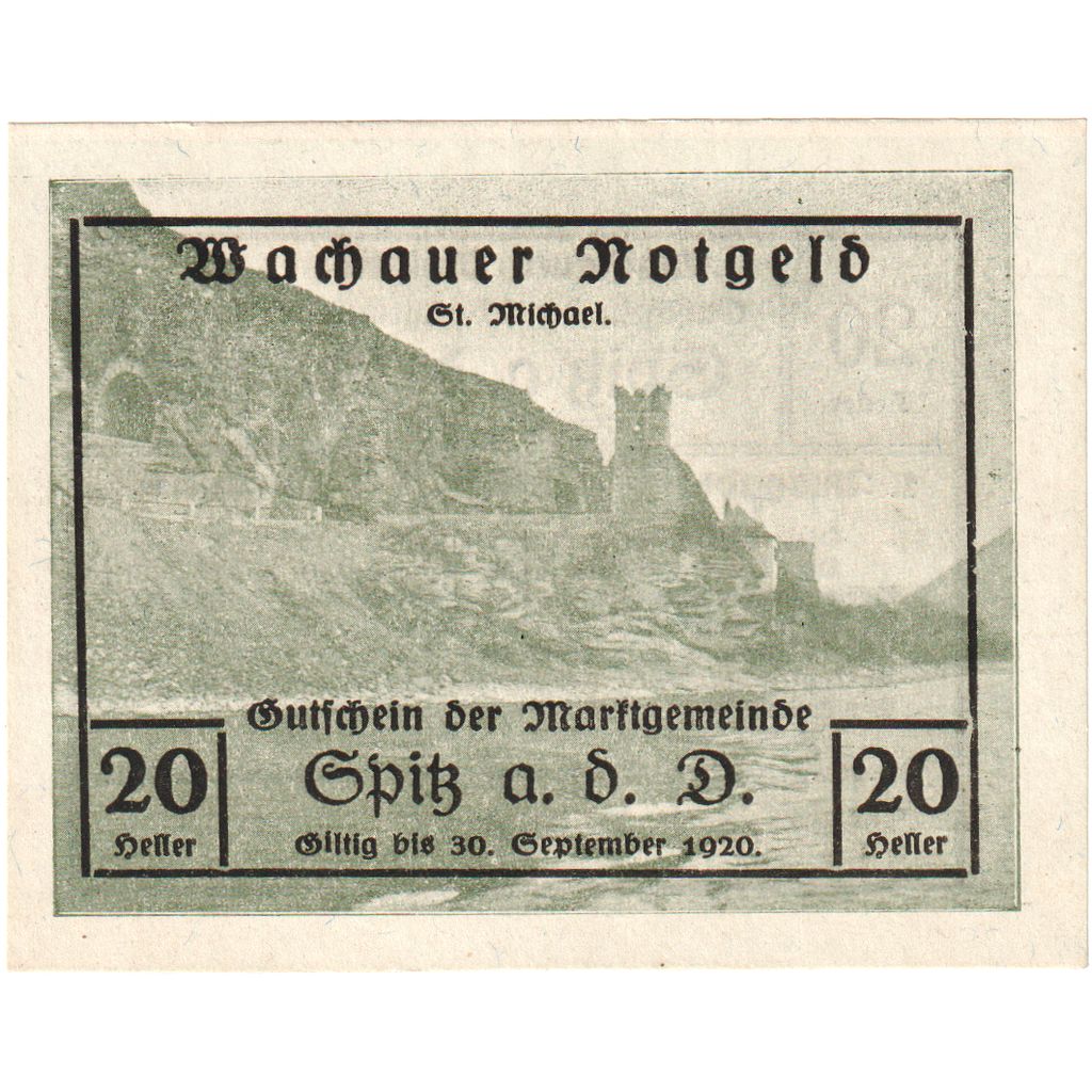 Austria, Wachauer Notgeld - Spitz - Kirche N.Ö. Gemeinde, 20 Heller