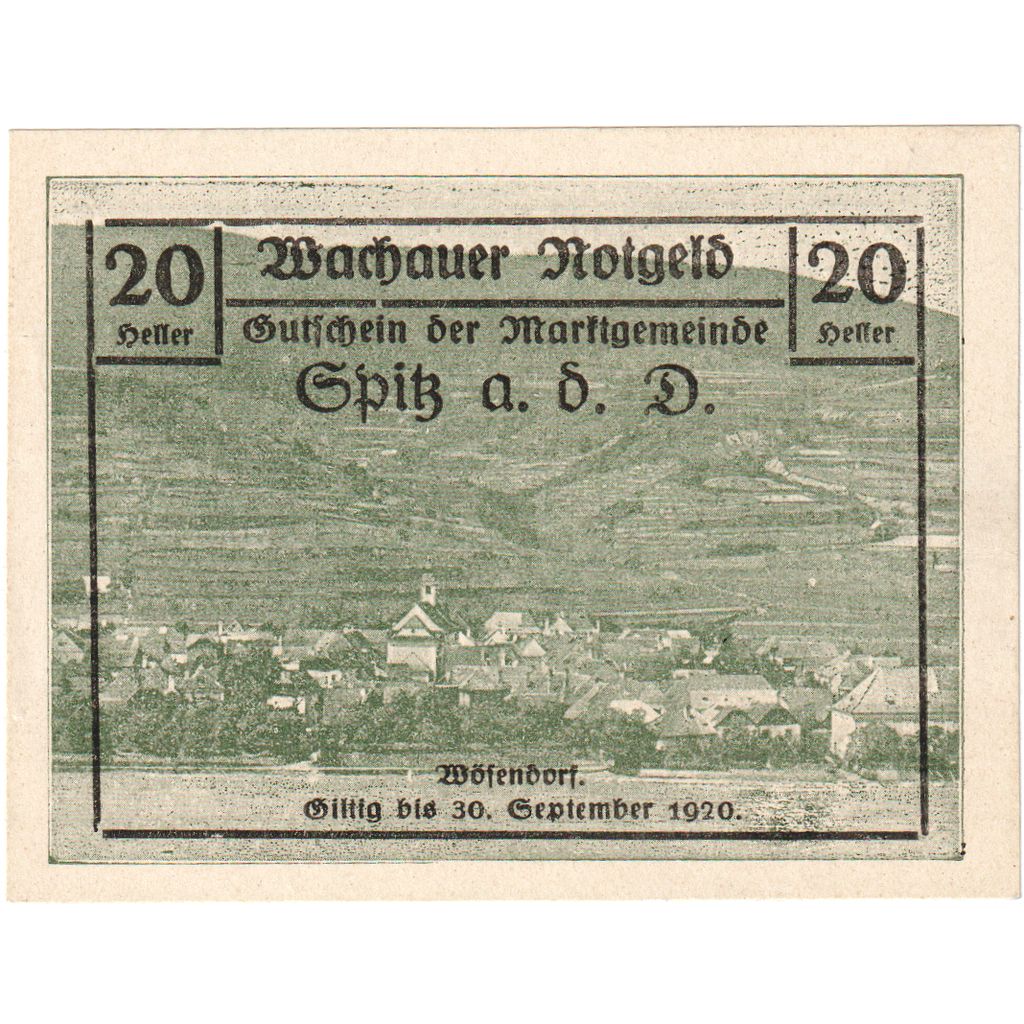 Austria, Wachauer Notgeld - Spitz - Kirche N.Ö. Gemeinde, 20 Heller