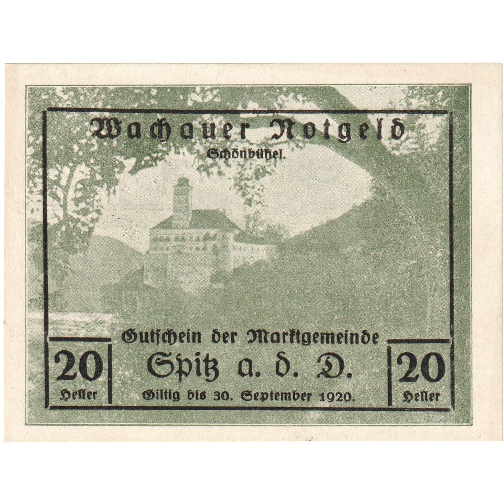 Austria, Wachauer Notgeld - Spitz - Kirche N.Ö. Gemeinde, 20 Heller