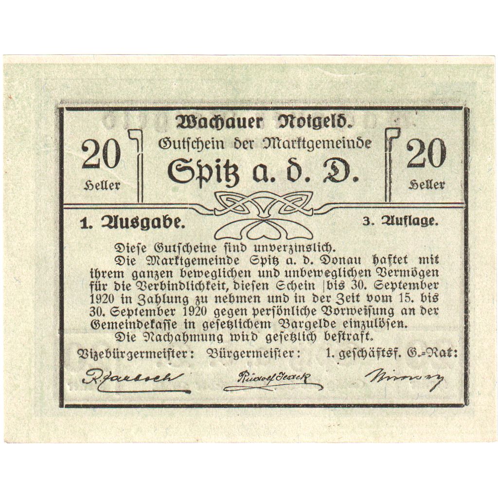 Austria, Wachauer Notgeld - Spitz - Kirche N.Ö. Gemeinde, 20 Heller